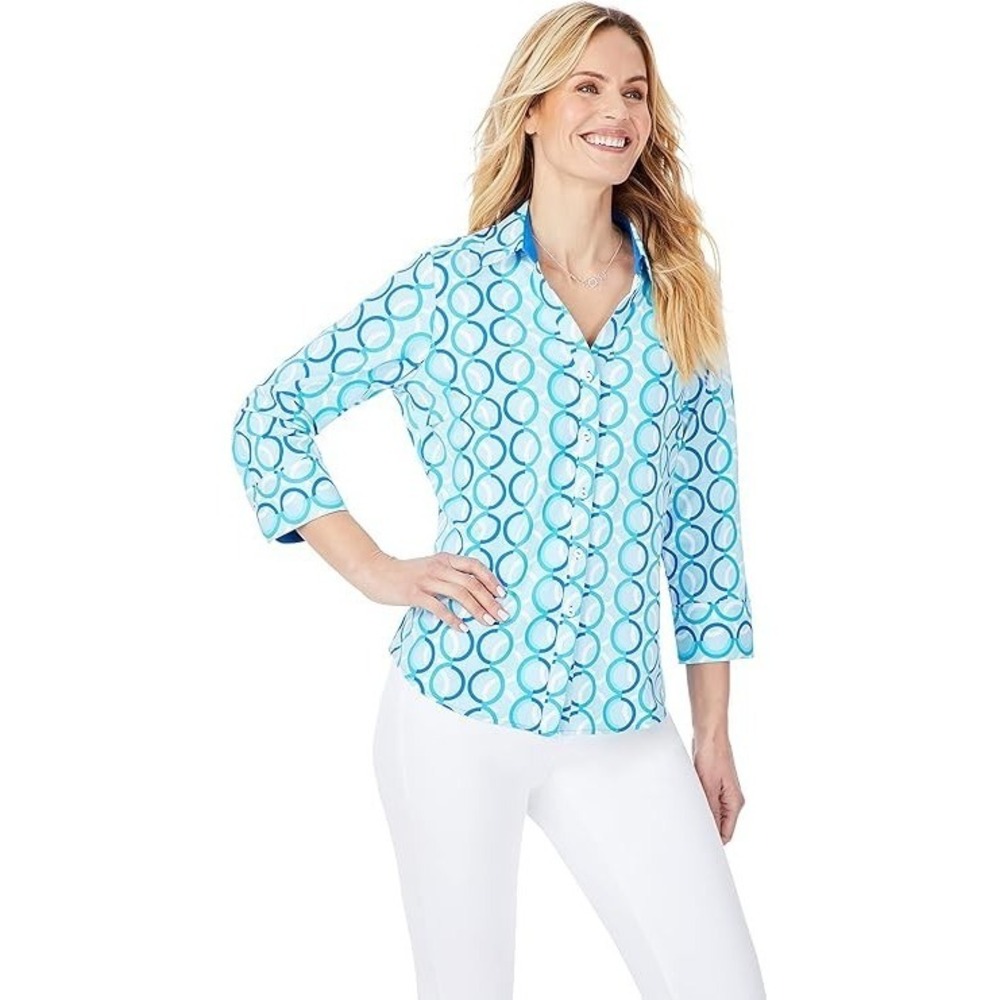 Foxcroft Mary 34 Circle Links Shirt EZ Care Blue Retro Artsy Stretch Sz 3X NEW